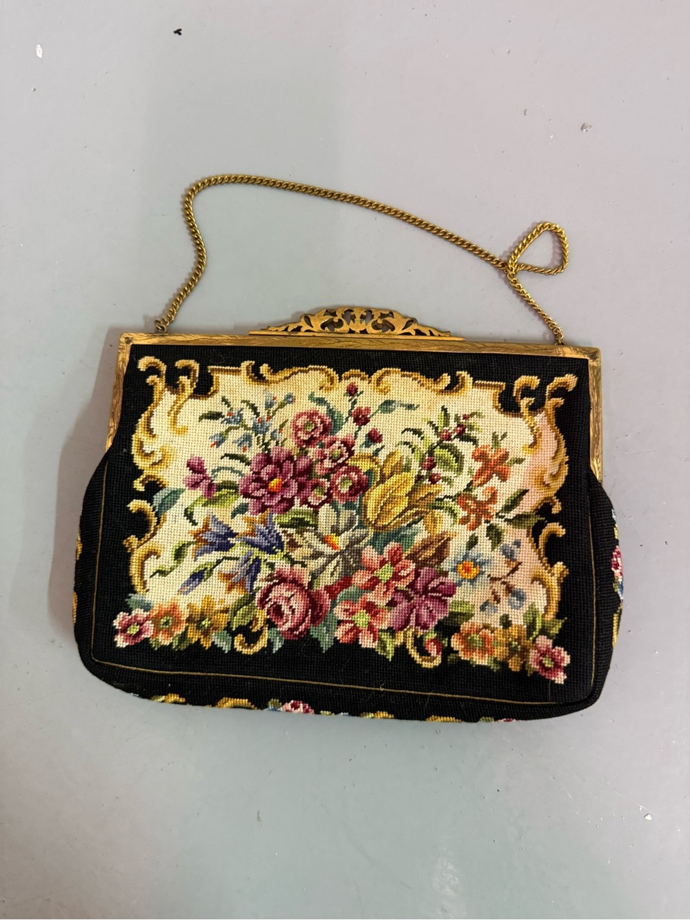 Vintage Austrian Floral Tapestry Handbag in Black and Multicolor